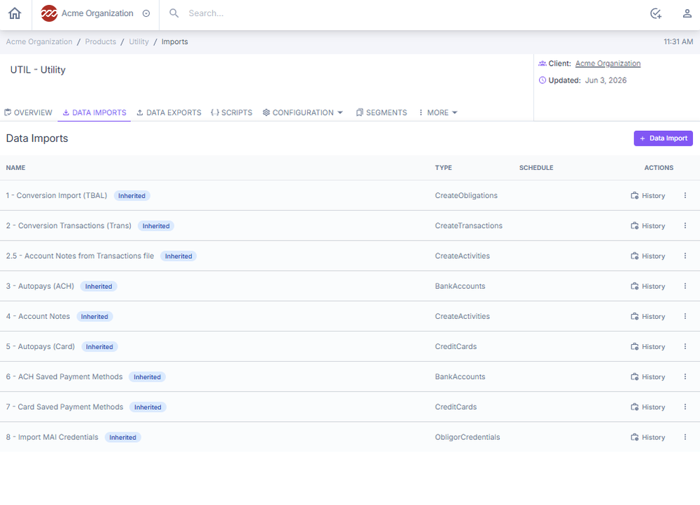 Data Imports tab