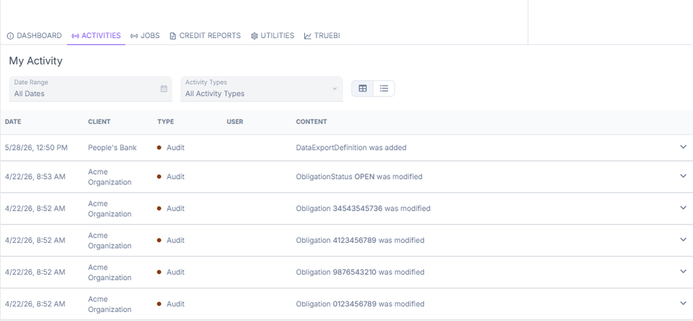 Activities log on an affected account