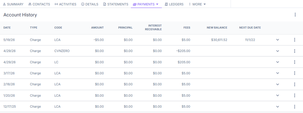 Payments menu account history